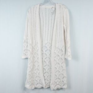 Chicos Open Front Pointelle Long‎ Cardigan Womens 1 Medium White Knit Beach